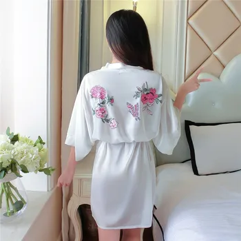 

Women Robe Gown Sexy Mini Nightwear V-Neck Half Sleeve Sleepwear Satin Summer New Home Clothing Print Flower Intimate Lingerie