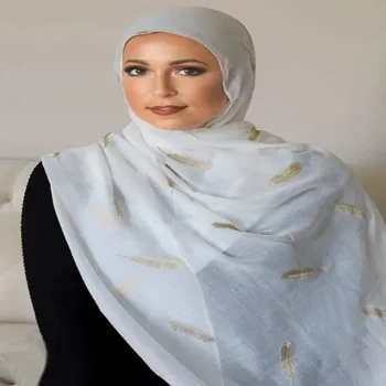 

2020 Spring Scarf Best Selling Fashion Solid Color Embroidered Gold Feather Ladies Scarf Shawl Hijab silk scarves long