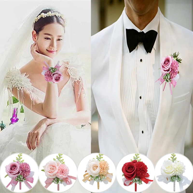 

1Pcs Party Bridesmaid Wrist Flower Silk Flower Rose Boutonniere Groom Corsage Beautiful Gifts Wedding Jewelry