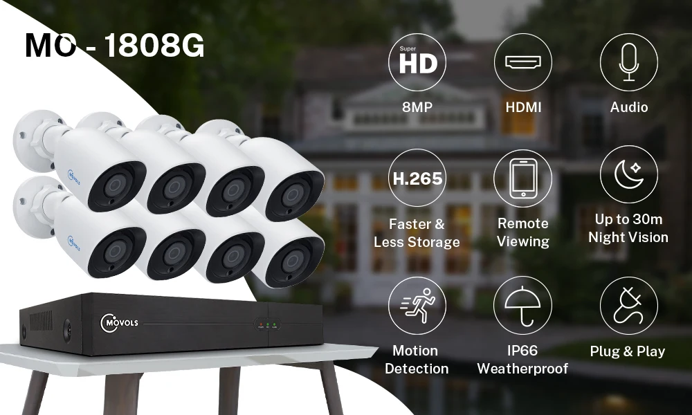 MOVOLS 4K Ultra HD система видеонаблюдения 8CH H.265 DVR 8MP 8 шт. камера безопасности Система ИК ночного видения водонепроницаемый комплект видеонаблюдения