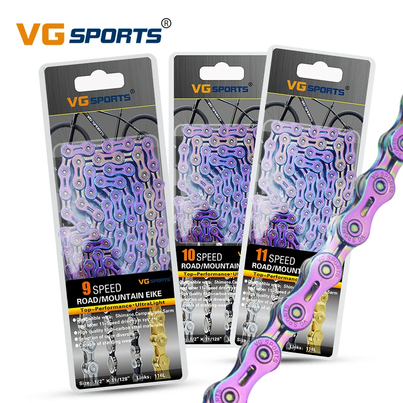 VG Sports 8 9 10 11 vitesses coloré chaîne de vélo vtt chaîne de vélo demi-plein creux titane nitrure revêtement route chaînes de vélo 116L