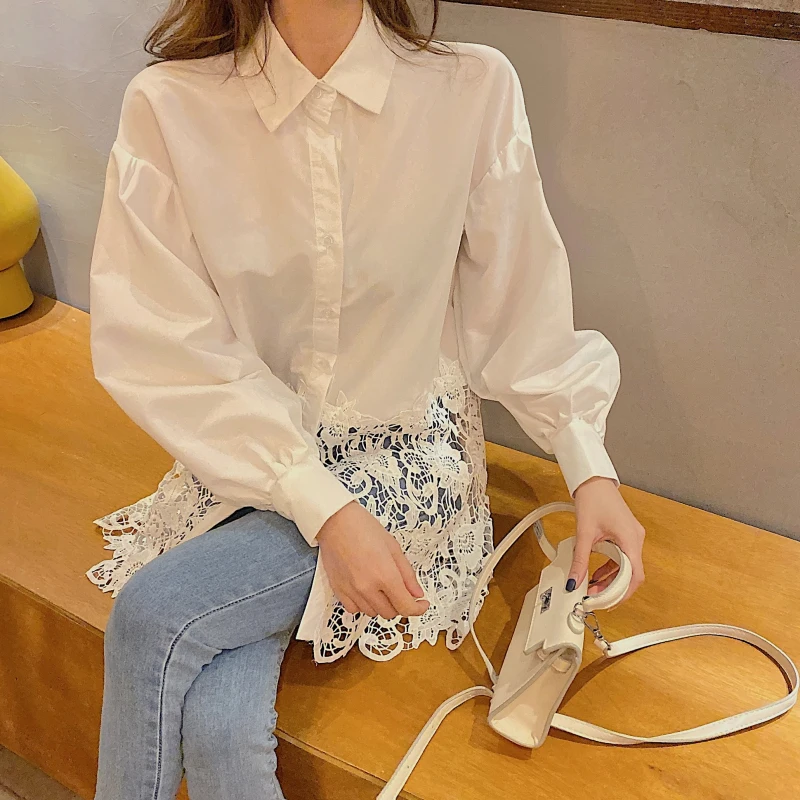 Открытые кружевные сетчатые Блузы Mujer De Moda, белые женские топы, модные брендовые свободные рубашки с длинным рукавом для женщин, корейский стиль, Новинка