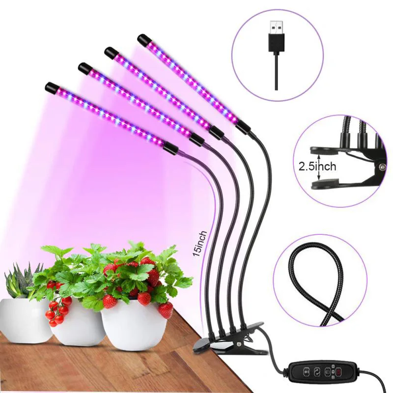 Full Spectrum LED Grow LightRed And Blue Light Full Spectrum Four 80LED Clip LED Plant Growth Light USB Dimming Timing