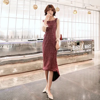 

Women Slim Sexy Long Square Collar Qipao Noble Evening Party Dress New Puff Sleeve Sequins Oversize 3xl Cheongsam Vestidos
