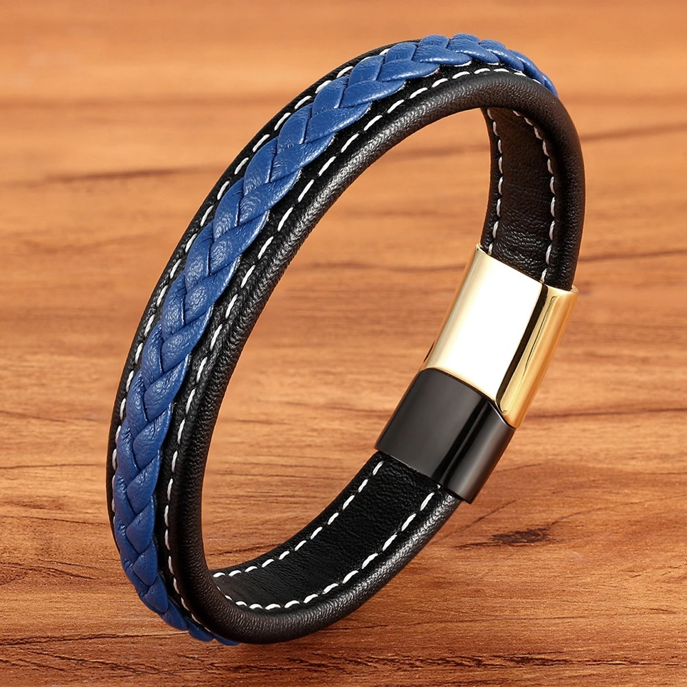 Men's Leather Bracelet Stainless Steel Button Combination Blue Leather