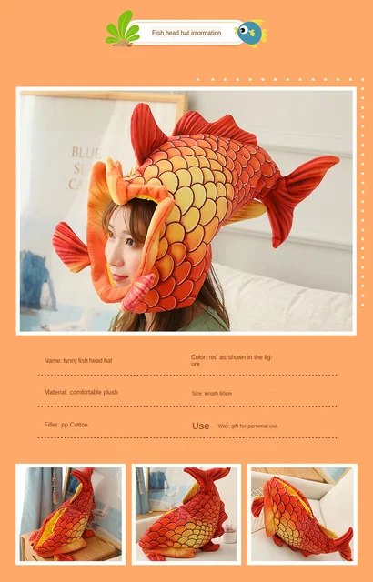 Kawaii Funny Cap Prank Shooting Performance Props Funny Fish Head Goldfish  Carp Koi Plush Toy Hat Sand Sculpture Fish Head Hat - AliExpress