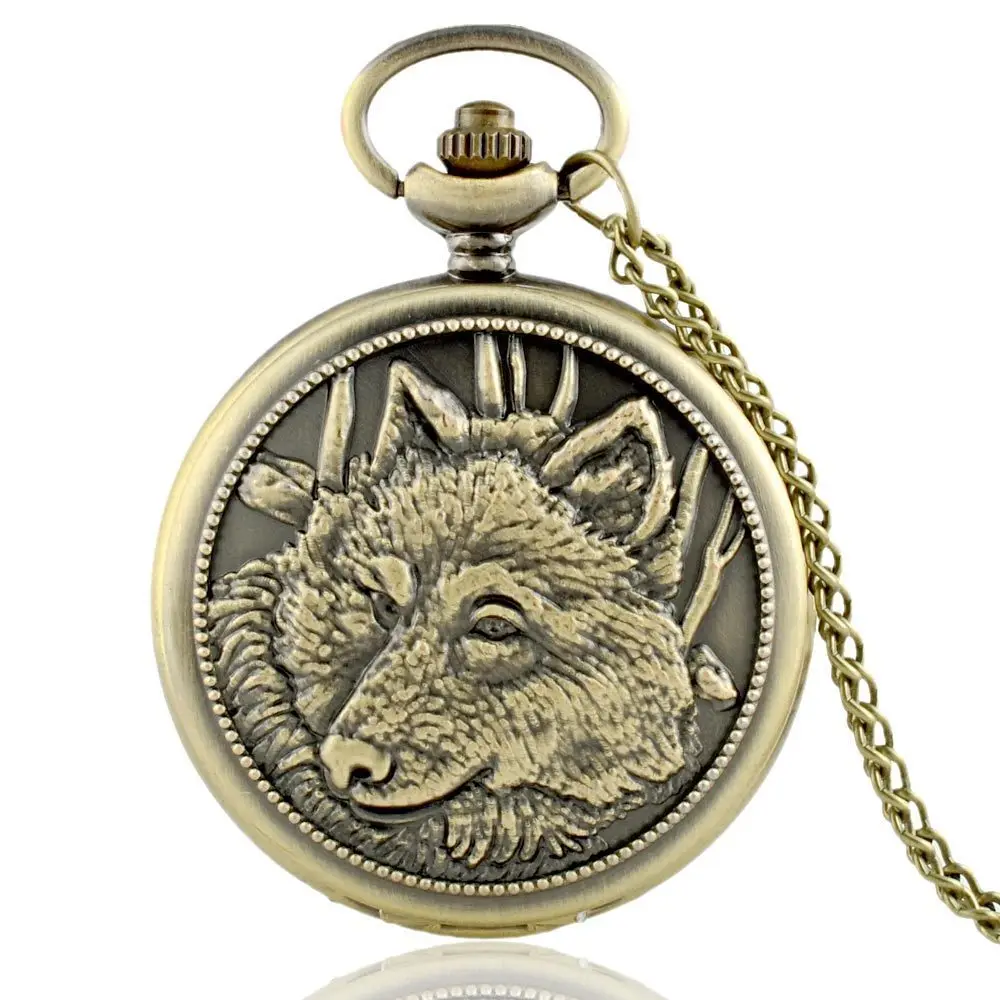 

IBEINA Bronze Animal Dog Wolf Head Pendant Antique Pocket Watch Quartz Chain Necklace