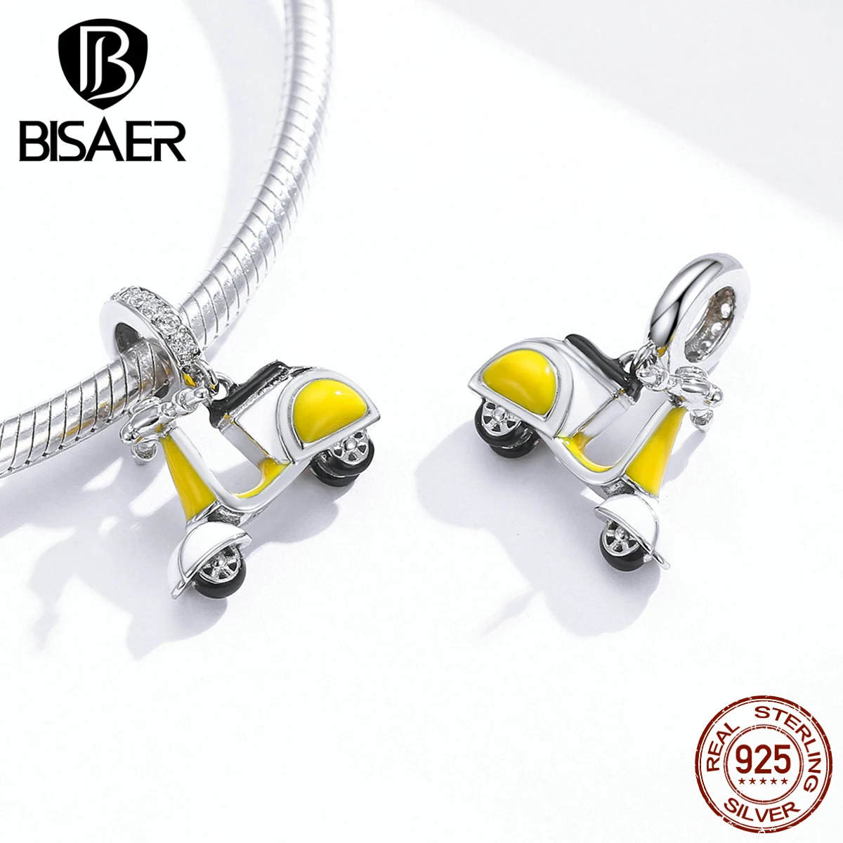 Мотоциклетные Подвески BISAER 925 пробы серебристо-желтые эмалированные Ретро бусины для скутера и велосипеда подходят для браслетов DIY ювелирных изделий EFC136
