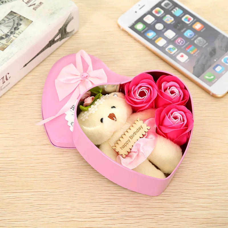 

3 Flower-shaped Soap Rose Soap with Little Bear and Heart-shaped Storage Box Romantic Gift for Lovers Girlfriends HKS99