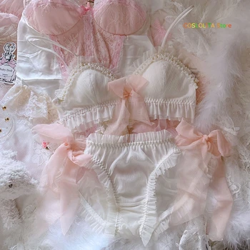 

Japanese Soft Sister Sweet Lace Bra & Panties Set Lolita Cute Milk Silk Intimates Super Bowknot Triangle Cup Underwear Suit