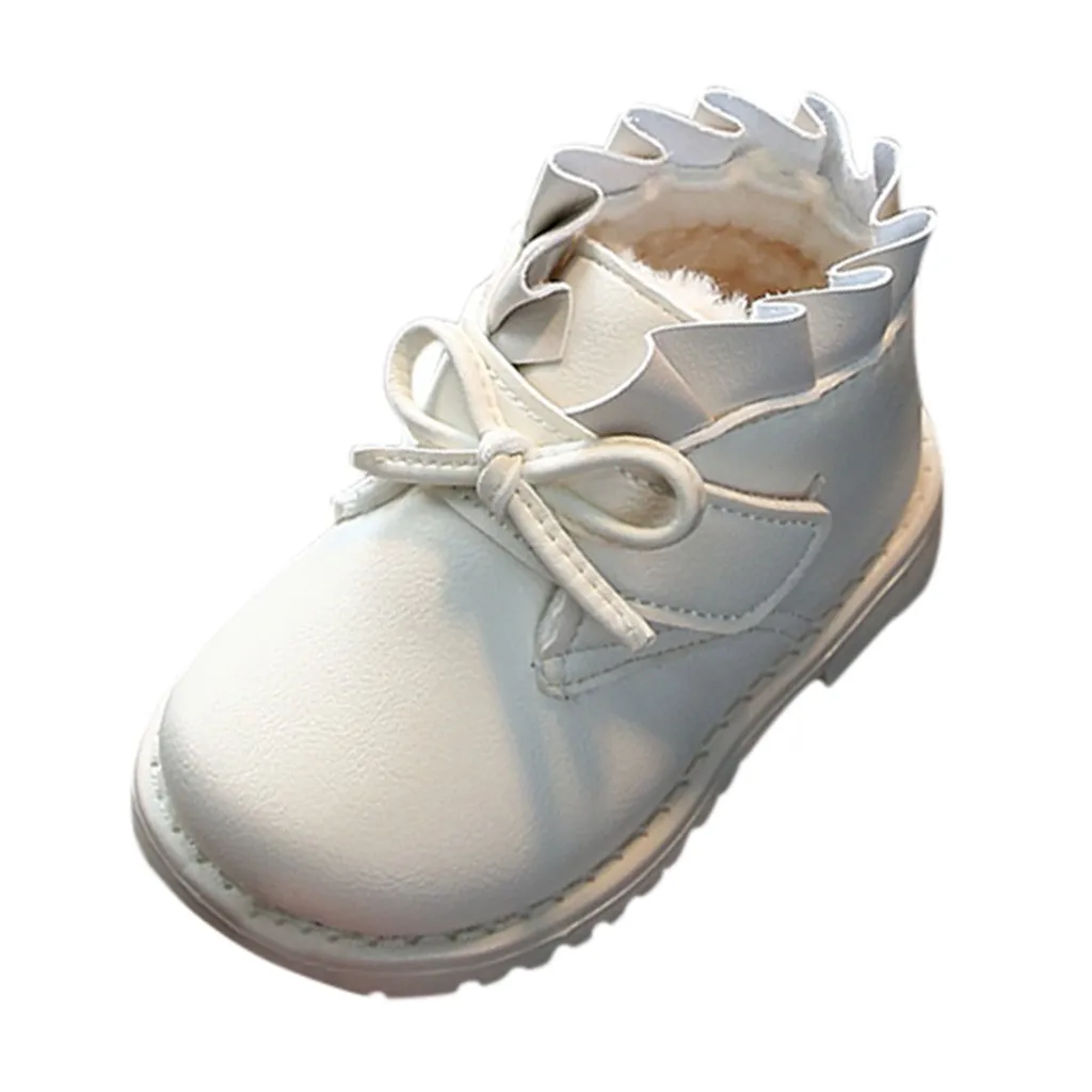 Зимние ботинки из искусственной кожи для малышей; однотонные теплые короткие ботинки на плоской подошве с бантом для девочек; повседневные ботинки; мягкие ботинки для маленьких девочек