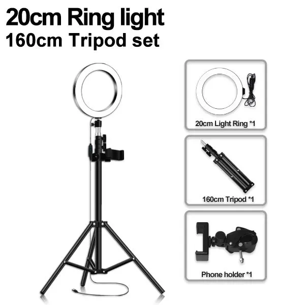 20cm type 160cm Светодиодный кольцевой светильник 16/20/26 см 5600K вспышка для селфи с кольцо для фотосъемки с лампами светильник ing с штатив с держателем для телефона и usb-разъем для студийной фотосъемки - Цвет: 20cm type 160cm