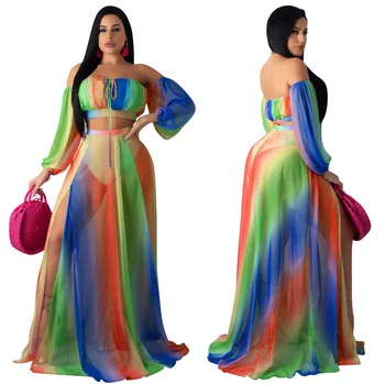 

Cutubly Sexy Boho Three Piece Suit Sexy Mesh 3 Piece Set Gradient Strapless Top and Dress Open Maxi Dress Three Piece Dress Set