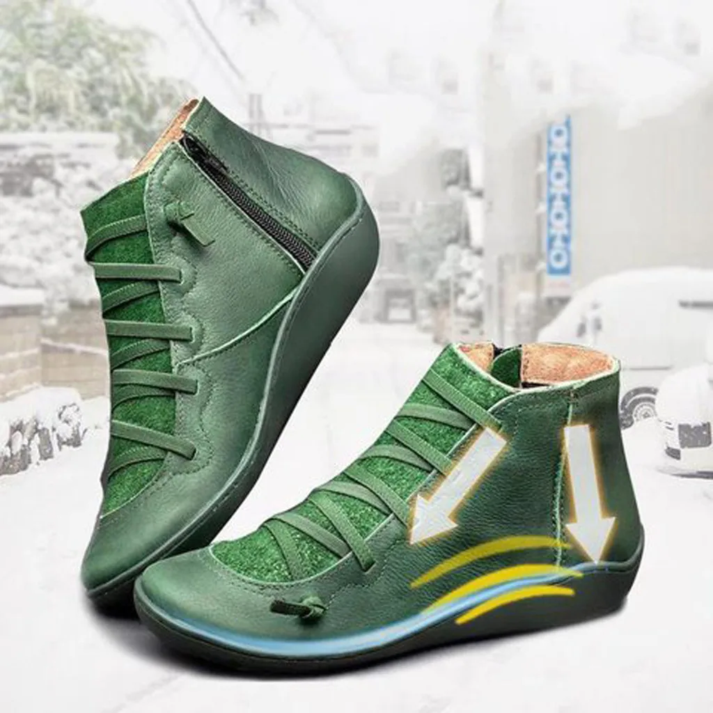

Women Flat Heel Round Head Boots Casual Leather Retro Lace-up Boots Side Zipper Round Toe Shoe woman Snow Boots chaussures femme