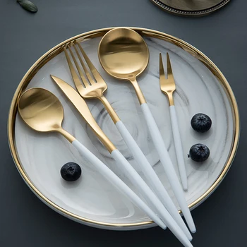 

White Gold Cutlery Set Stainless Steel 5 Pcs Metal Steak Knife Fork Spoon Western Dinnerware Set Reusable Flatware Set MM60CJ