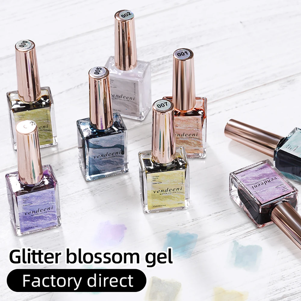 Vendeeni 12 Kleuren Goud Poeder Glitter Bloeiende Gel Nagellak Aquarel Inkt Nail Verf Gel Lak Blossom Nagel Gel Lak