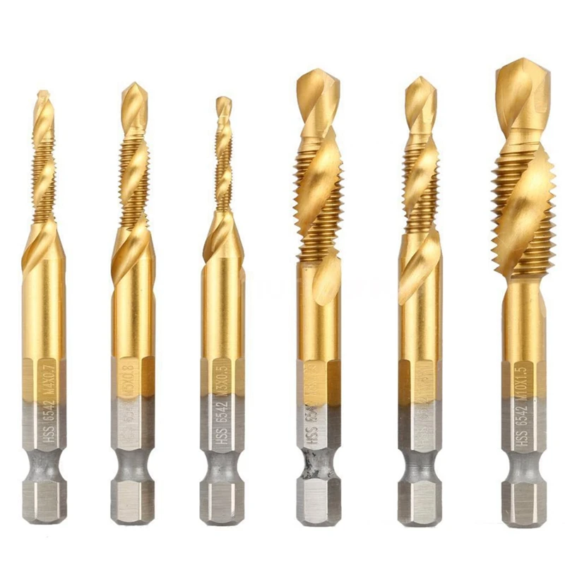 

Hot 6 Pcs/set HSS 6542 Titanium Coated Drill Bits Hex Shank Spiral Tap M3-M10