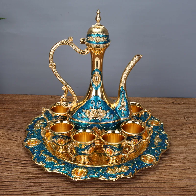 Золотой и синий металлический винный набор/чайный набор, модный винный набор из цинкового сплава, 1 набор = 1 тарелка+ 1 горшок+ 6 чашек