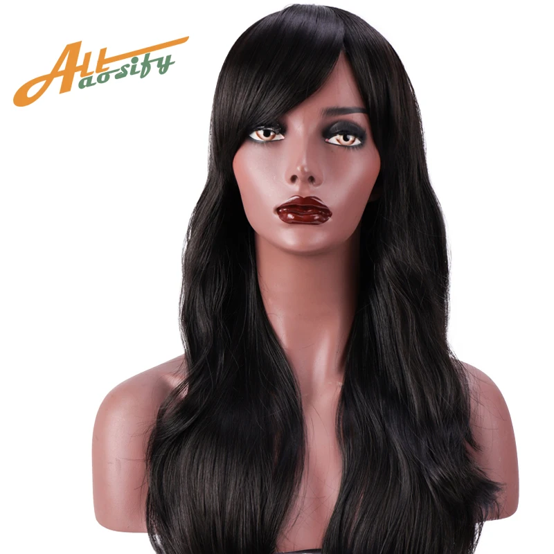 

ALLaosify Long Wig Wavy Synthetic Wigs for Black Women with Bangs Side Part Heat Resistant Wig Cosplay Wig 24'' Black Blue Brown