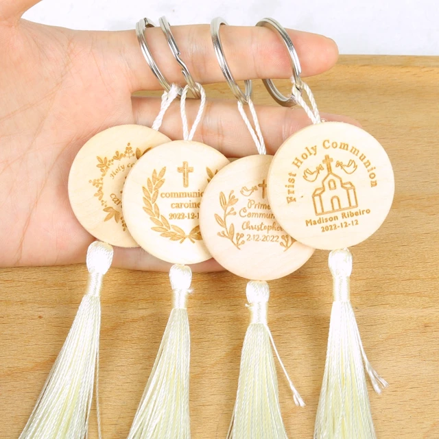 10pcs Personalized Engrave Round Wooden Keychain With Tassels Wood Keyring  Tags Christening Baptism Frist Holy Communion Gift - AliExpress