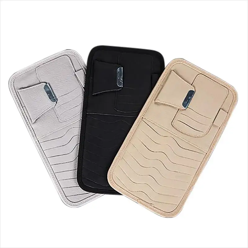 Car internal storage bag Luxurious Leather Sun Visor Shade CD DVD Holder Bag Cards Pocket Black