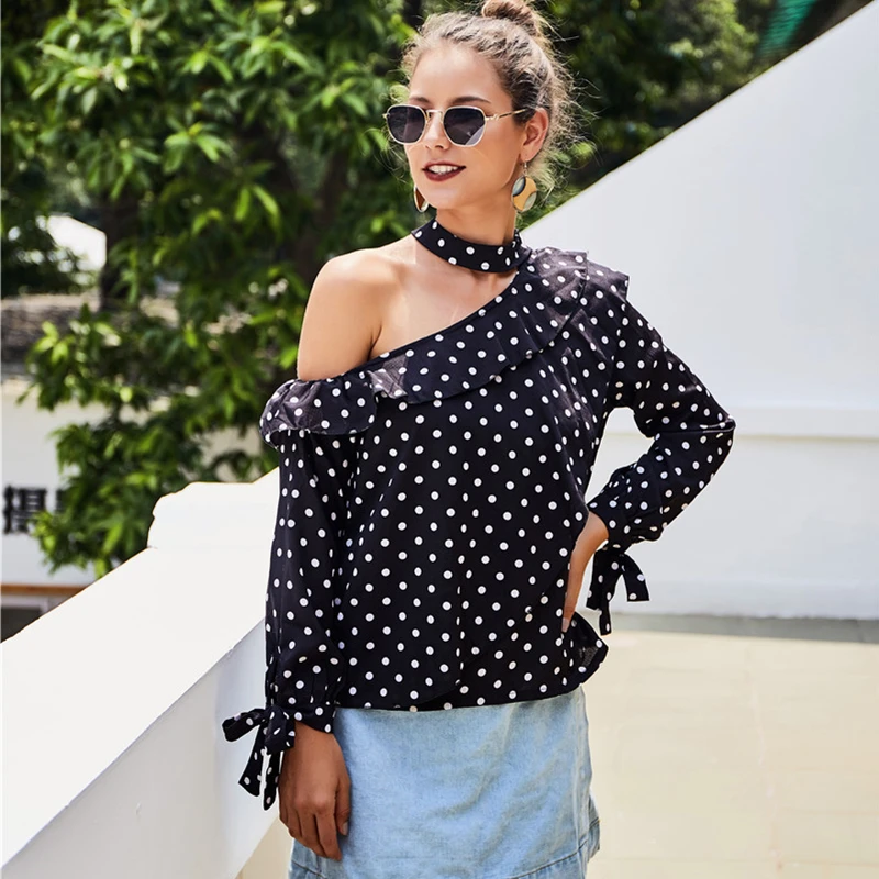 

Sexy Dot Printed Blouse Women Ruffles One Shoulder Long Sleeve Bow Halter Fashion Spring Summer Ladies Tops Roupa Feminina 2020