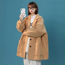 

Woolen Coat Female 2022 New Autumn Black Khaki Loose Korean Fashion Woolen Jacket Student Thicken Elegant Warm Coats CX2478