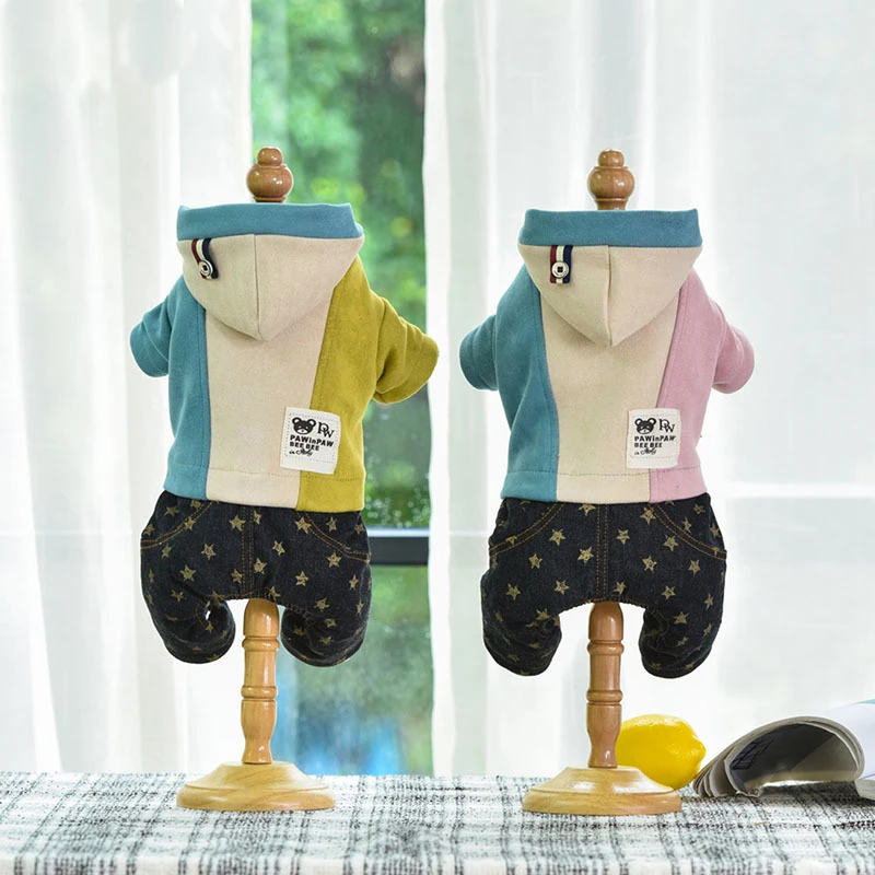 

Stitching Colors Pink and Yellow Dog Clothes for 2019 Autumn and Winter Four Legs Pet Jumpsuits Thick Moletom Feminino Inverno