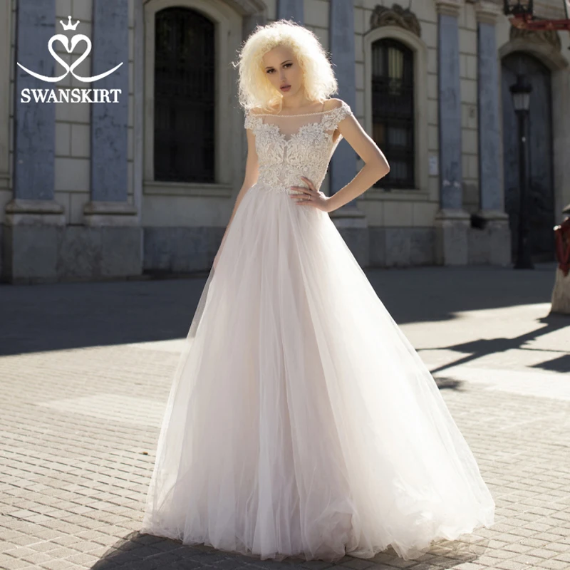 

Boho Beaded Backless Wedding Dress Off Shoulder Appliques Tulle A-Line Vestido de novia Princess Swanskirt D129 Bridal Gown