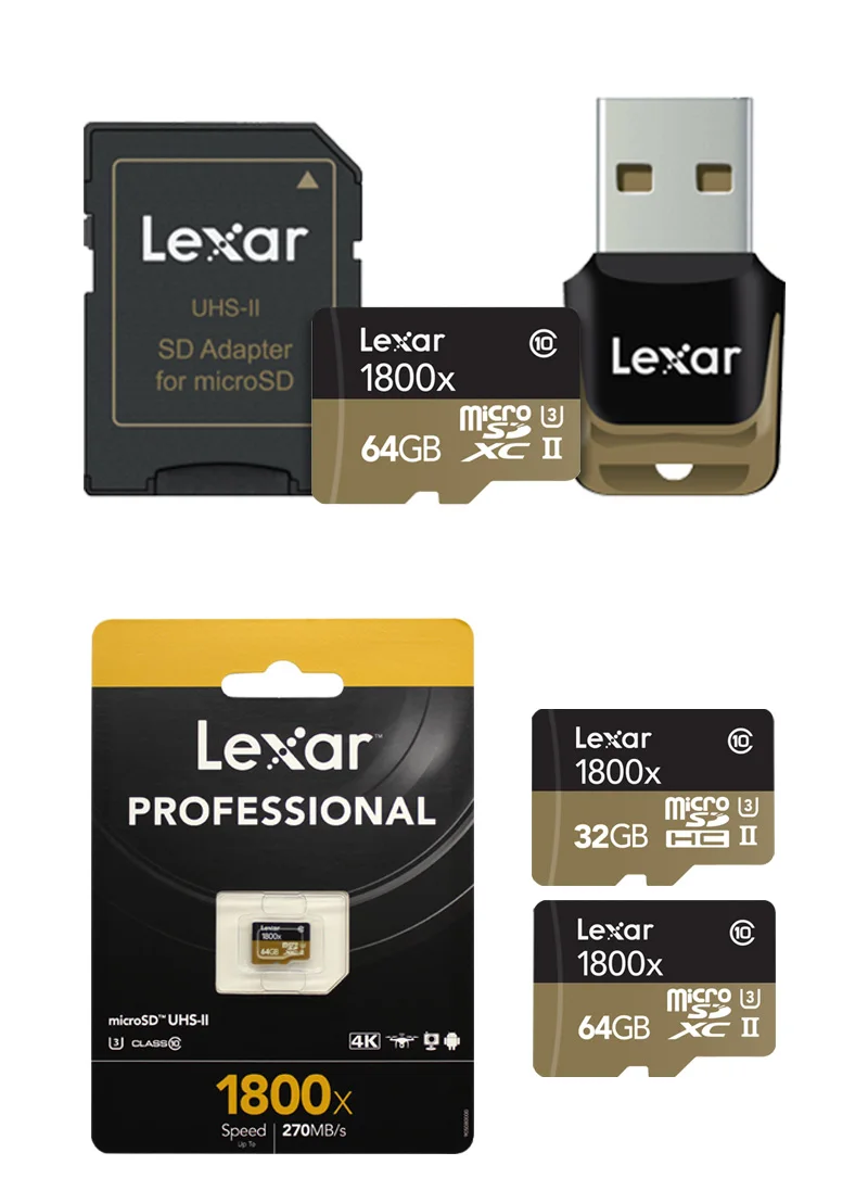 Lexar 1800x слот для карт памяти, 32 ГБ, 64 ГБ, Micro SDXC U3 UHS-II Class10 Профессиональный TF карты 270 МБ/с. флеш-карта памяти