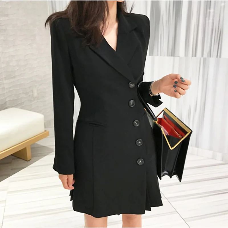Spring WOMEN'S Dress Single Breasted Pleated Slim Black Small Suit Coat Women's Mid-length Long Sleeve 8651