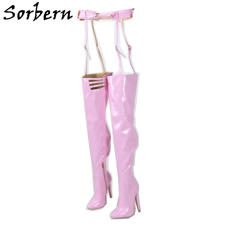 

Sorbern Baby Pink Shiny Thigh High Boots Women With Belt High Heel Stilettos Pointed Toe Size Eu36 Partial Zipper Female Shoes