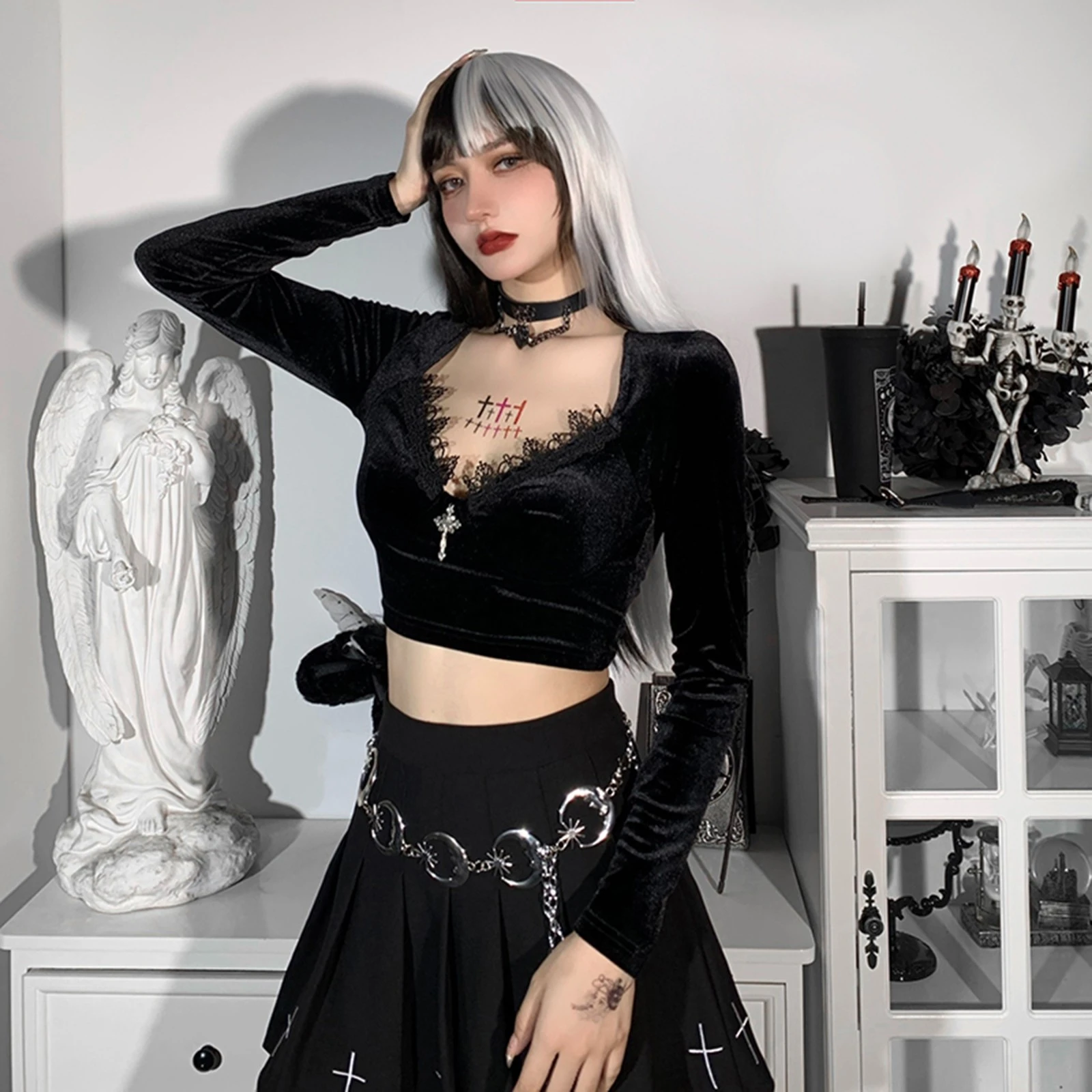 Insgoth Goth Top Vintage Gothic Bandage Lace Black Tops Y2k Mall Goth Crop Tops Black Lace Trim Emo Sexy Long Sleeve T Shirt T Shirts Aliexpress