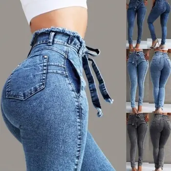 

Women Tassels High Waist Stretch Skinny Jeans Slim Bodycon Pencil Pants Lace-Up Bandage Belt Push Up Denim Long Trousers