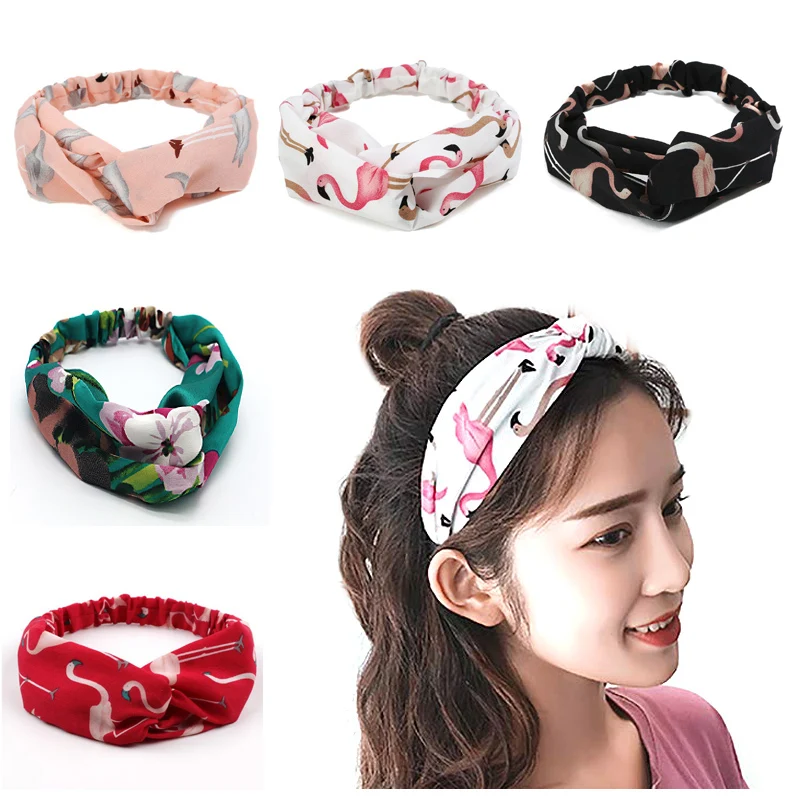 

2019 Women's Fashion Summer Autumn Chiffon Headbands Cartoon Flamingo Wide Bands Turban Headwear Headwrap Hair Accessories Gifts