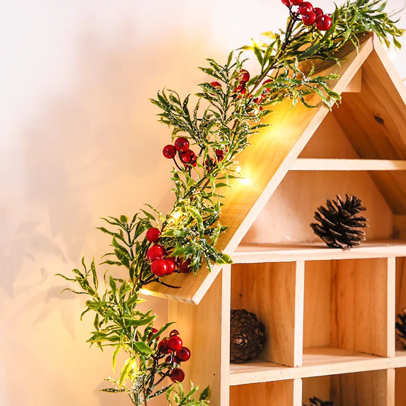 

2/3m LED Christmas Red Fruit Light String With Snow Pine Needles Leaf Garland Fairy Copper Wire Lamp for New Year Wedding Party