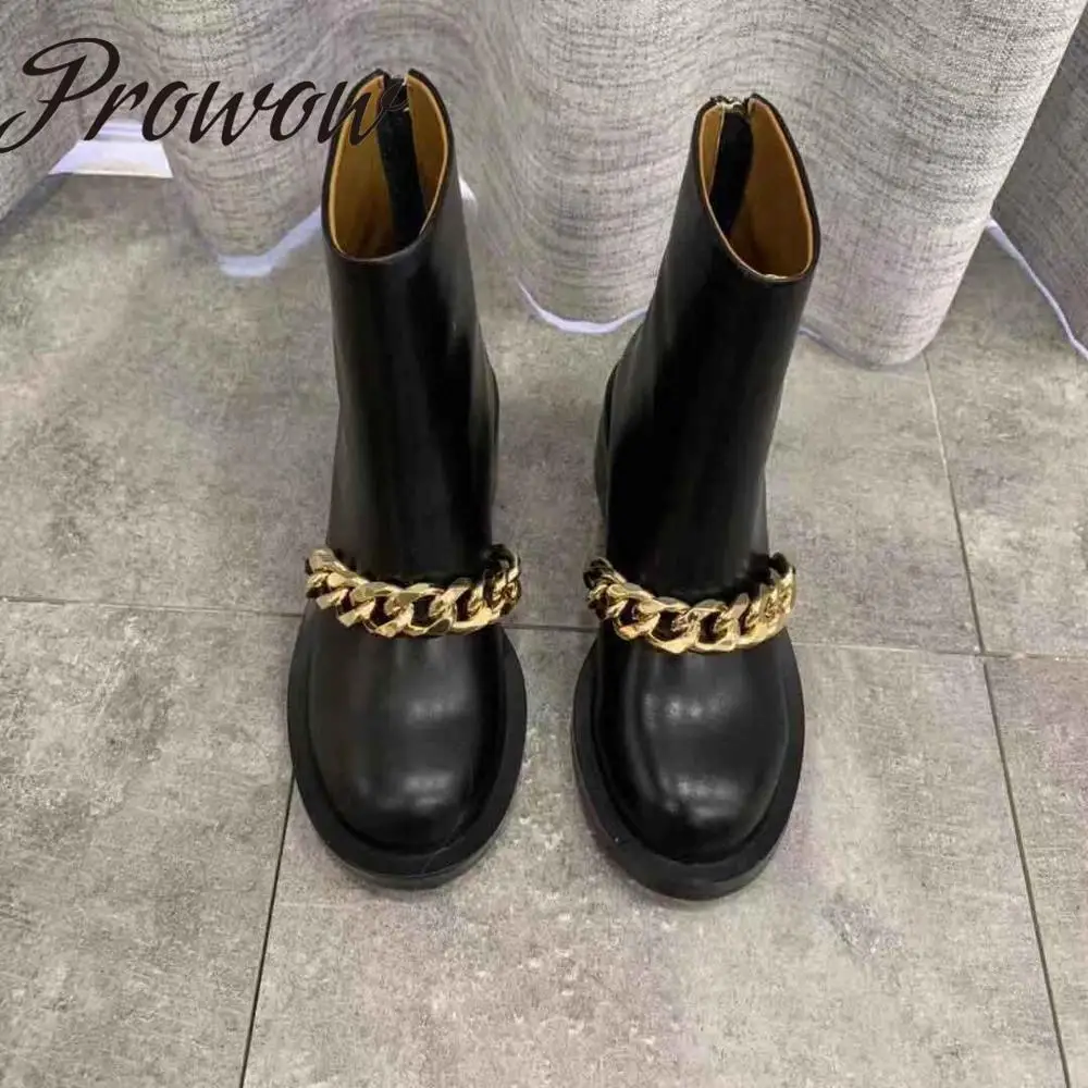 

Prowow New Genuine Leather Gold Silver Metal Chain Ankle Boots Zip Back Round Toe low Heel Autumn Winter Boots Shoes Women