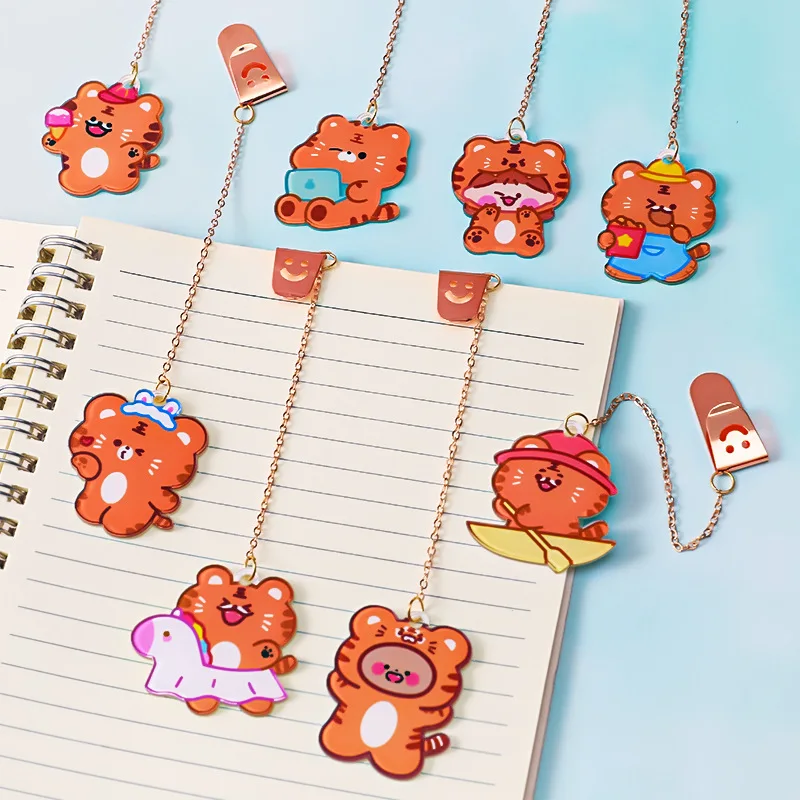 

Cute Tiger Pendant Bookmarks Acrylic Material Stainless Steel Chain Book Page Clip Pagination Mark Student Kawaii Stationery
