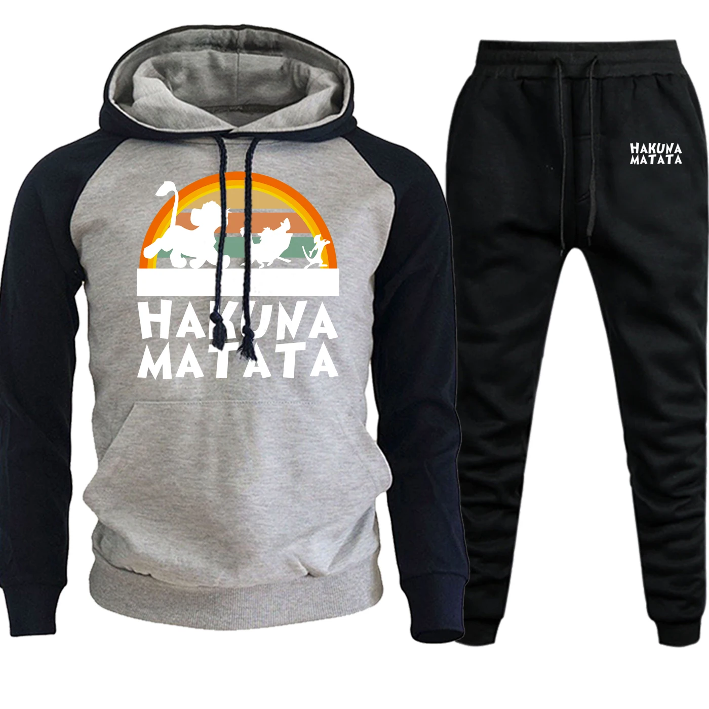 HAKUNA MATATA Король Лев осень зима мультфильм костюм с капюшоном Мужские толстовки с рукавом реглан Simba Забавный пуловер+ брюки комплект из 2 предметов - Цвет: dark blue gray -6