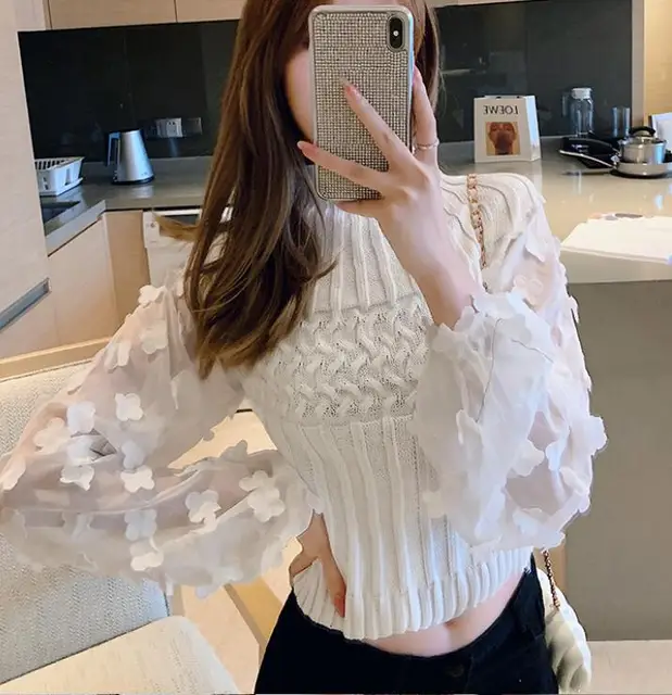 New 2020 Autumn Winter Women's Sweaters Turtleneck Mesh Patchwork Knitwear Long Sleeve Ladies Tops Pullover Pink Crop Sweater white