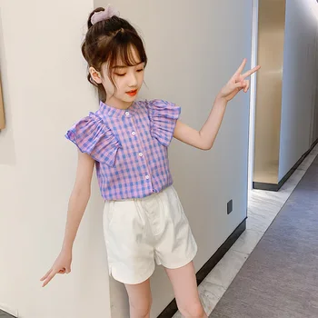 

2020 Children's Sets Girls Clothes Kids Summer Suit Plaid Blouses Tops + Shorts Pants 2pcs Girl Ruffles Vest Clothing Kid Suit