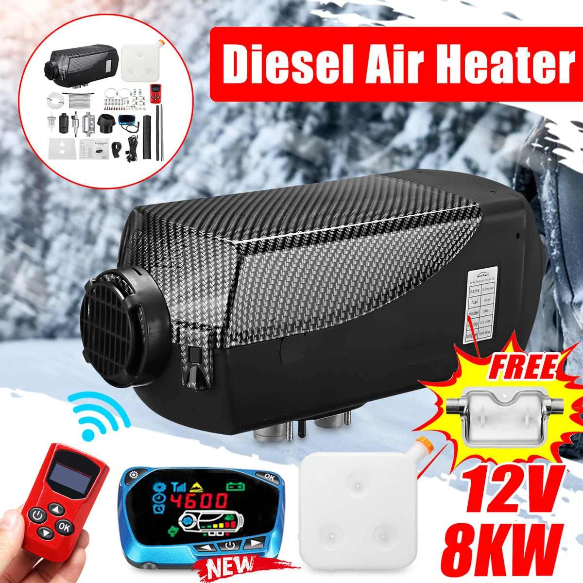 

Car Heater 12V 8KW Air Diesel Heater 2 Holes Outlet LCD Monitor +Silencer + 10L Tank + Remote Control for RV Boats Trailer Truck