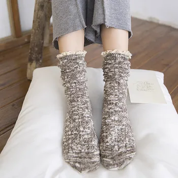 

Women Knitted Boot Stockings Calf Length Stockings with Lace Trim One Size JL