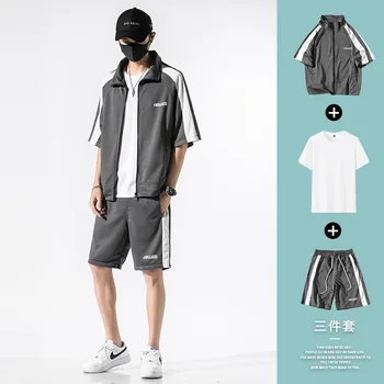 

3 Pieces Set Men Summer T Shirt Half Sleeve Jacket And Knee Length Short Men Casual Outdoor Sports Hip Hop Tracksuit Men M-XXXL