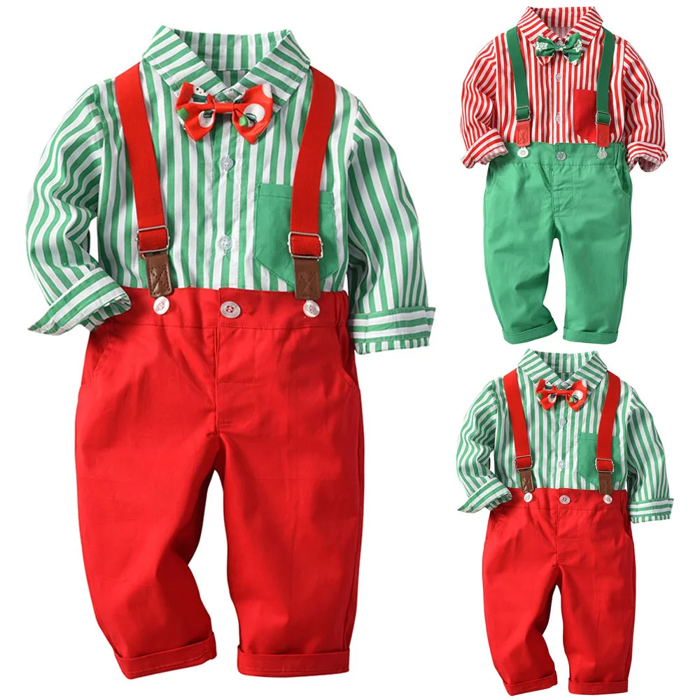 Модная одежда для маленьких мальчиков Комплекты хлопкового детского белья с О-образным вырезом для детей, наряд джентльмена с галстуком-бабочкой Рождественская рубашка+ ремень с подтяжками, комплект со штанами, одежда для детей H4