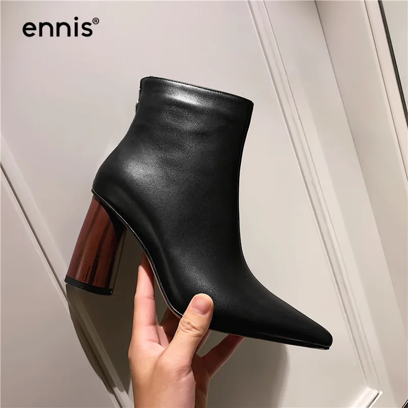 ENNIS Autumn Winter Women High Heel Boots Genuine Leather Pointed Boots Black Beige Designer Ankle Boots Ladies Shoes A9166 - Цвет: Black