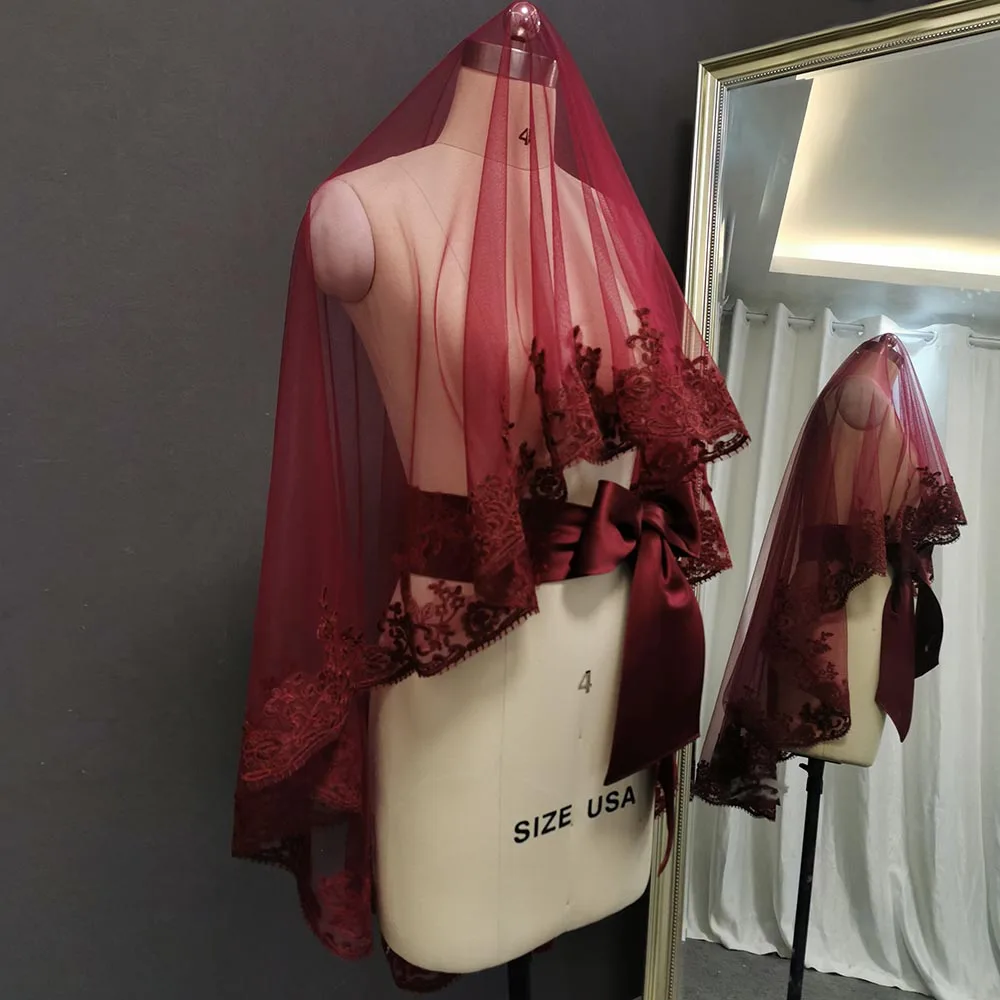 Duvak ve Kusak New Arrival Dark Burgundy Wedding Veil with Belt One Layer Short Bridal Veil Wedding Accessories stunning ivory wedding veil with pearls new arrival free shipping bridal veils