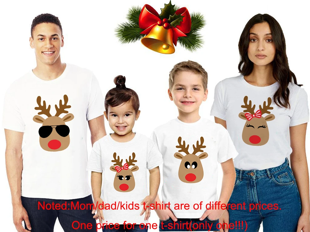 thumbnail image 1 of 1 pieza de camiseta blanca a juego con estampado de cara de ciervo para Navidad, ropa para madre, hija, padre e hijo, camisetas estéticas Harajuku, 1 of 5