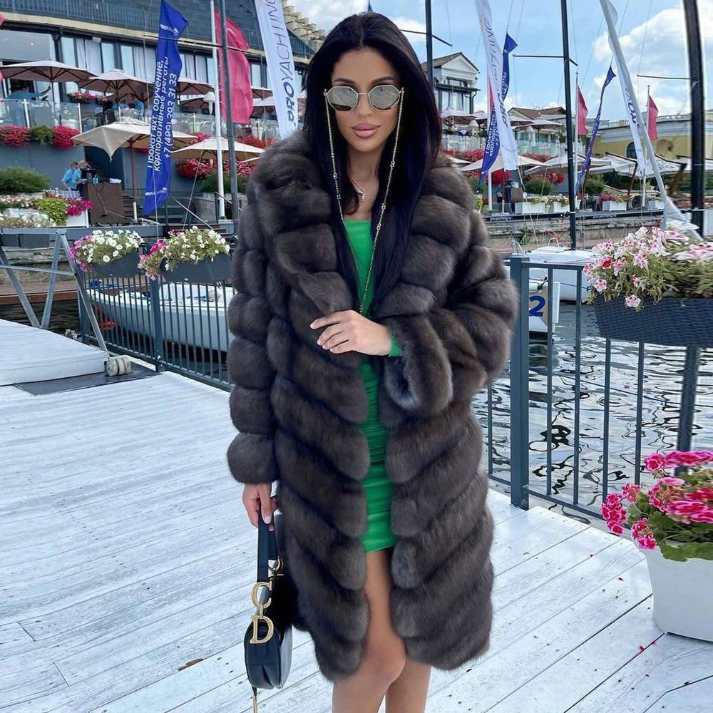 Long Real Fox Fur Coat Women Winter New High Quality Whole Skin Genuine Fox Fur Coat with Turn-down Collar Thick Warm Fur Outfit