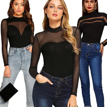 

2020 Summer Bodysuit Newest Womens Sexy Mesh Patchwork Long Sleeve Back Slim One-Piece Ladies Lace Bodysuit Outfit Bodysuit Lot